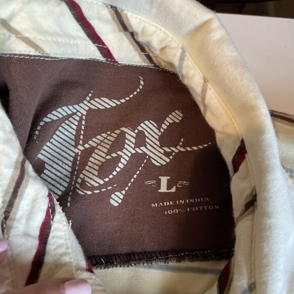 VTG Y2K Fox Polo Shirt Men's Large Beige Cotton Stripe Distressed Pinkerton - Picture 6 of 10